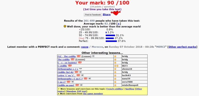 To Learn French dot com screen shot results of test